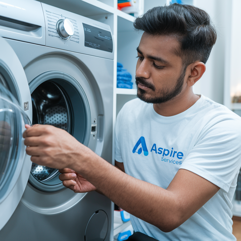 Technician from aspire service wearing white color tshirt repairing a gray color front load washing machine