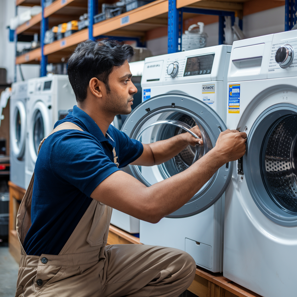 Aspire technician in a blue T-shirt examining a white washing machine, identifying issues with expertise and attention to detail.