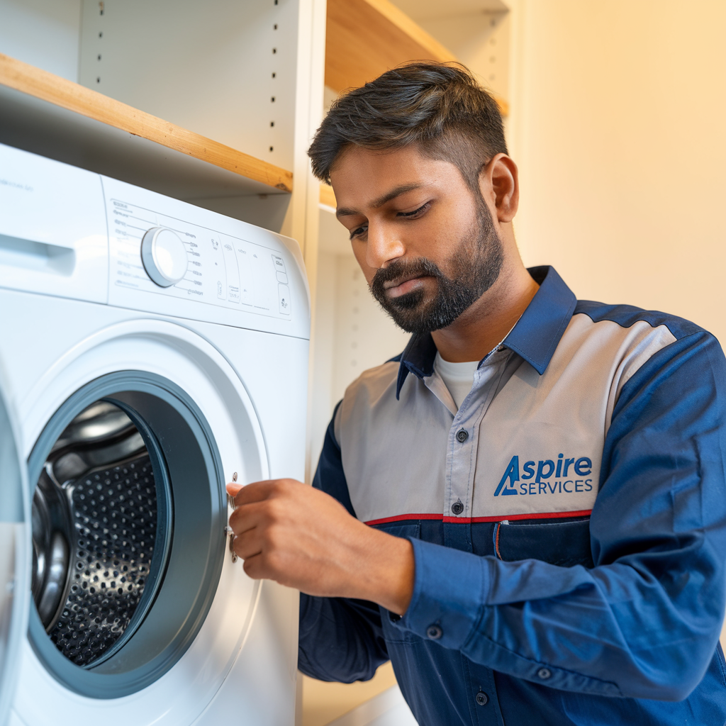 Aspire Services technician Inspecting White Color Front Load Washing machine wearing Aspire Services blue and Crean color uniform