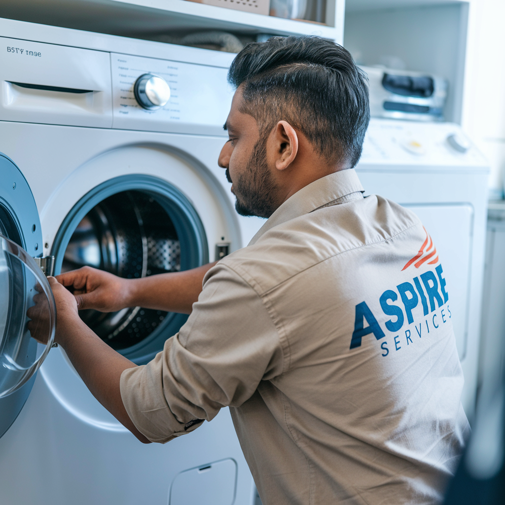 Aspire services technician fixing white front load washing machine gasket wearing aspire services shirt