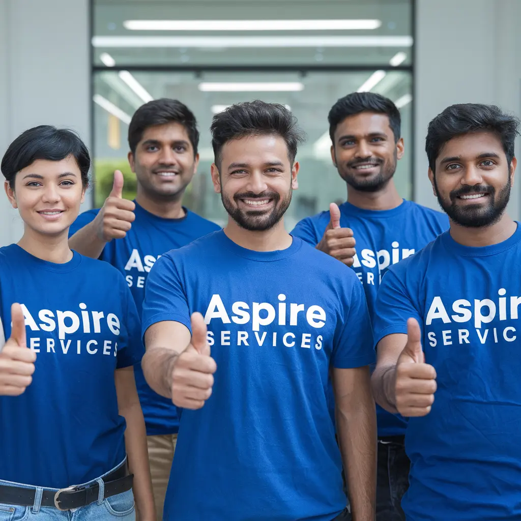 Five aspire technicians, four male and one female, in blue uniforms giving a thumbs up for aspire appliances services, with a white wall and a glass window in the background.