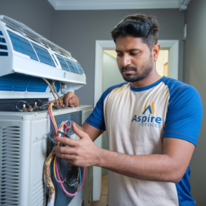 Aspire services technician wearing blue and white uniform doing AC Installation in Mysore